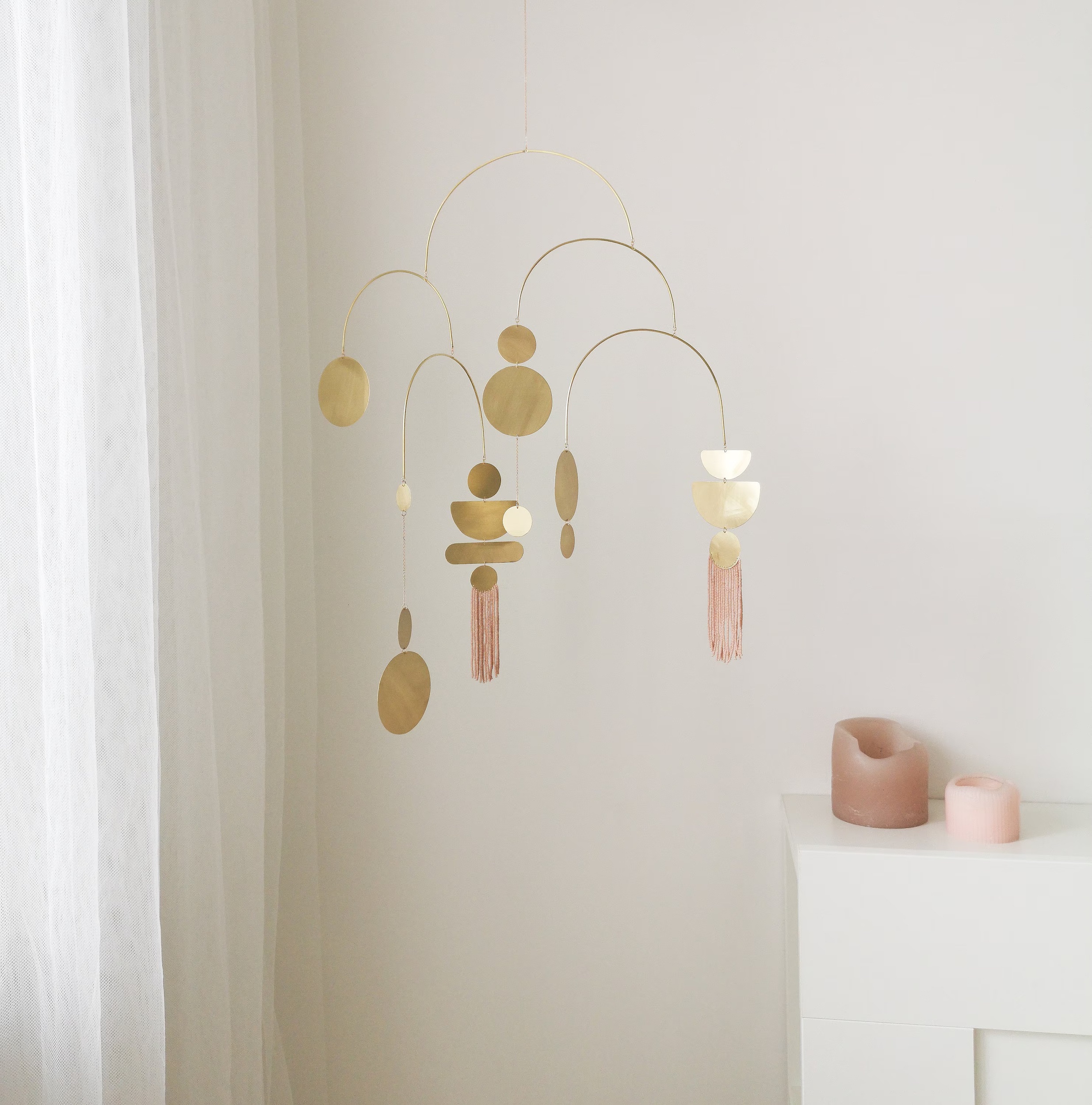 Brass kinetic mobile for home decor, elegant hanging sculpture for bedroom, living room, nursery and crib decoration, modern minimalist interior accent